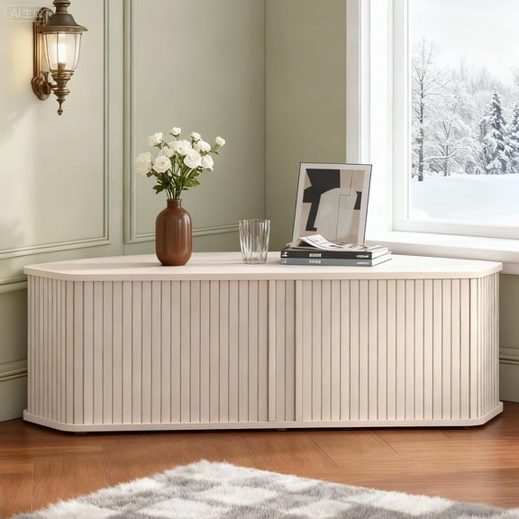 Corner TV Stand 43 Inch, Mid Century Corner Entertainment Center with Sliding Tambour Door, Media Console Table with 2 Layers Storage, Fluted TV Stand for Living Room, Bedroom, Off White