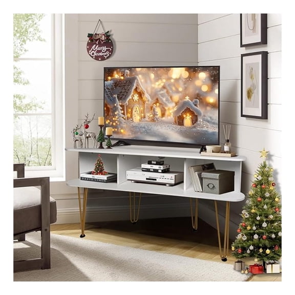 Corner TV Stand for 50 Inch TV, Entertainment Center with Storage Cabinet, Industrial Media Console Table with High Metal Feet and Anti-Slip Pads, TV Stand for Living Room, 50" TV Console, White