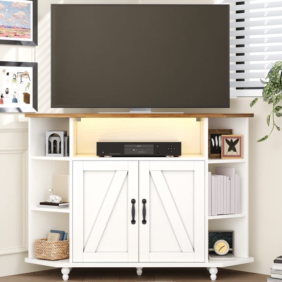 Corner TV Stand for 50 Inch TV, Farmhouse Entertainment Center with Storage & Power Outlet, TV Console Cabinet and Barn Door for Living Room&Study&Playroom, White
