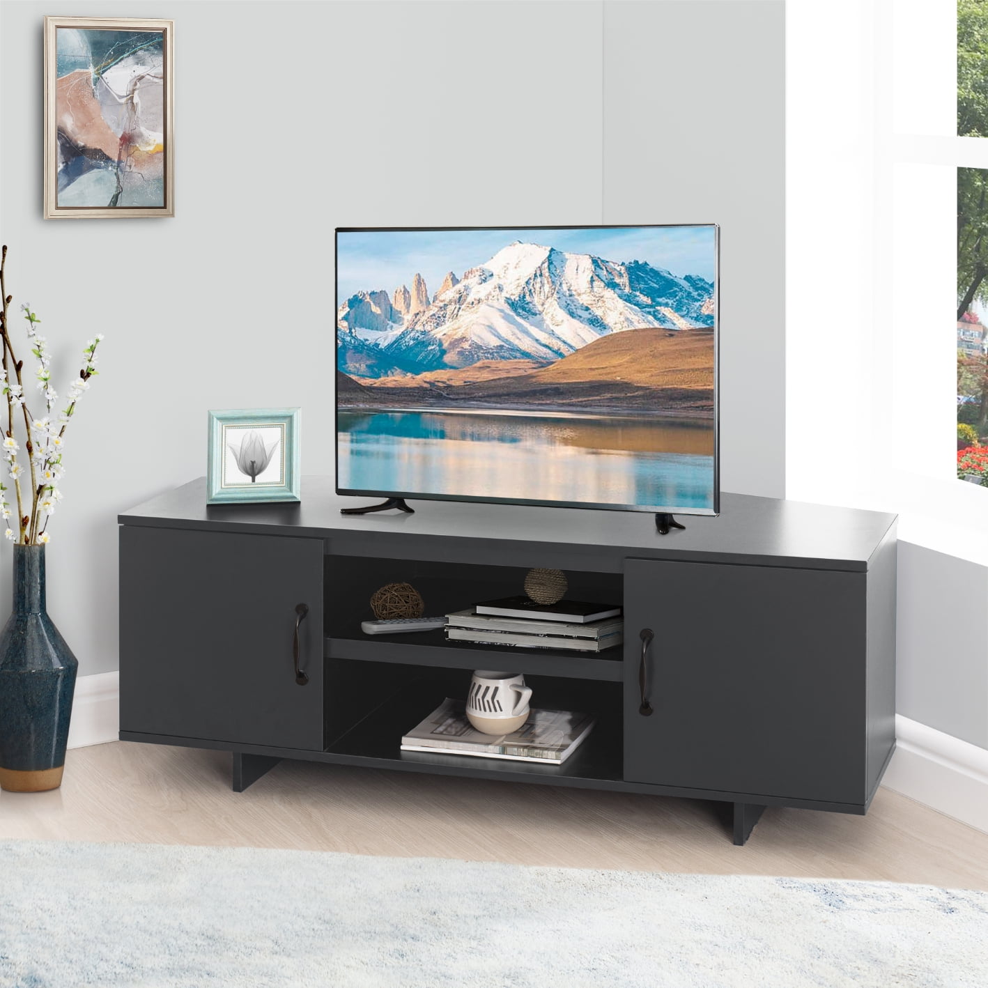 Corner TV Stand for 50" TV, Black TV Stand, Low Profile TV 50