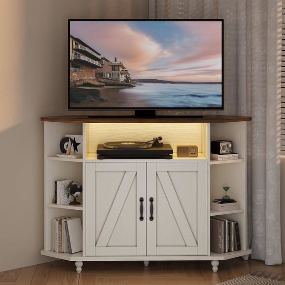 Corner TV Stand for 55 Inch TV, 45" Corner TV Console with Storage, Farmhouse Corner TV Cabinet with Cable Management&LED Lights for Bedroom/Living Room, White