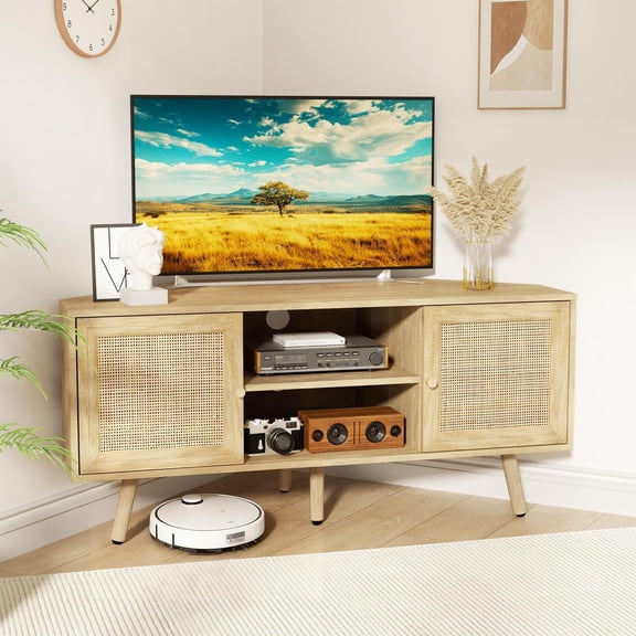 Corner TV Stand for 55 inch TV, Corner Entertainment Center with Storage, Boho Media Console with Rattan Doors, Solid Wood Feet, 2 Cord Holes, for Living Room - Natural