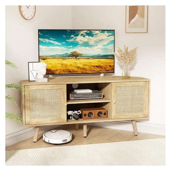 Corner TV Stand for 55 inch TV, Corner Entertainment Center with Storage, Boho Media Console with Rattan Doors, Solid Wood Feet, 2 Cord Holes, for Living Room - Natural