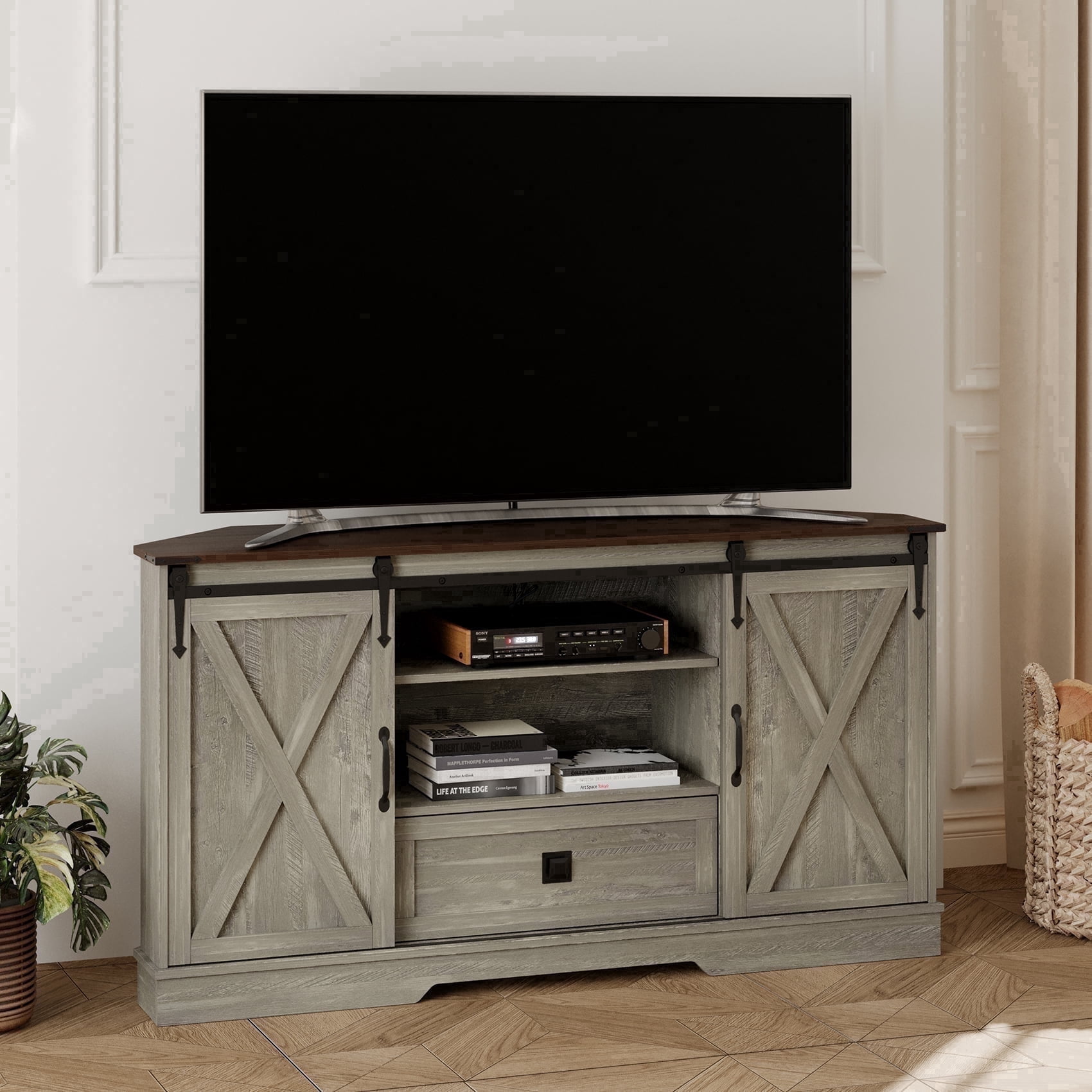 Melidee Farmhouse Television Stand for 65 Inch TV with Sliding Barn Door, Engineered Wood, Gray, 58" W x 15.7" D x 31" H