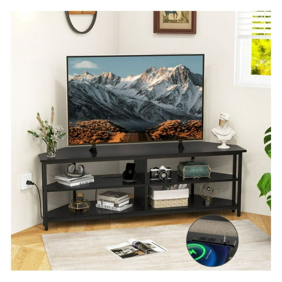 Corner TV Stand for 65" TVs, Charging Station, 3-Tier Entertainment Center, Metal Frame, Space Saving Corner Design for Living Room & Bedroom - Rustic Brown