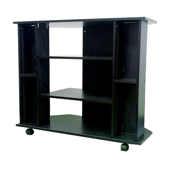 Corner TV Stand, Black Wood and MDF Entertainment Center for 35 Inch Televisions, Space-Saving Media Console with Mixed Shelving for 3 Components and 52 CDs, 35" W x 18" D x 3" H