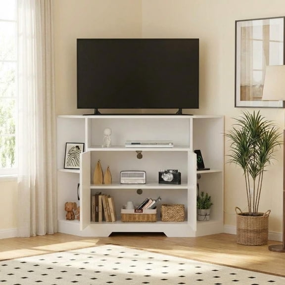 Corner TV Stand for TVs Up to 55 Inch with Power Outlet & Barn Doors | Mid Century Modern Farmhouse Entertainment Center with Adjustable Shelf, Storage Cabinets, Media Console for Living Room