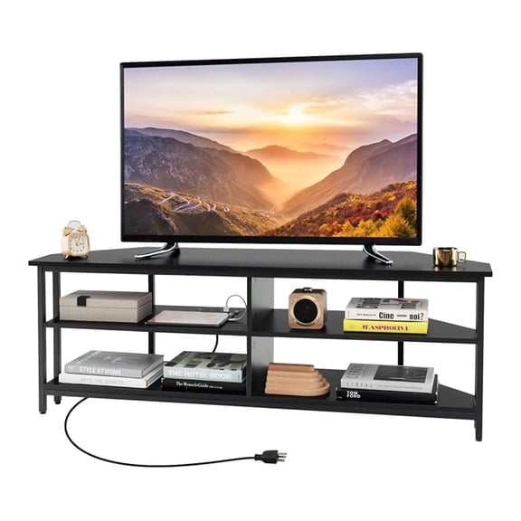 Corner TV Stand for TVs up to 65, TV Console Table with 2 Outlets, USB A Port, USB C Port, Metal Frame & Storage Shelves, 55 Media Entertainment Center for Living Room