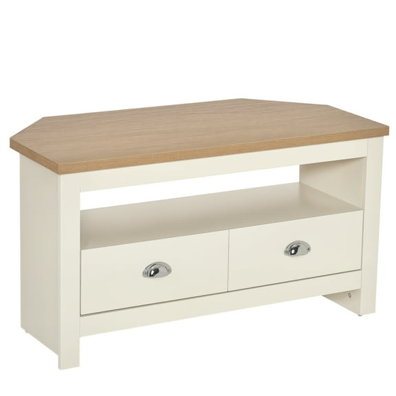 Corner TV Stand Up To 50", Entertainment Center TV Console Table with Drawers and Open Storage Compartment for Living Room, White