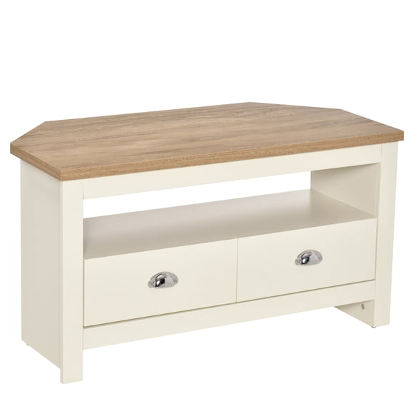 Corner TV Stand for 50 TVs, White MDF Entertainment Center with Drawers and Open Storage, Space Saving Corner Console Table for Living Room