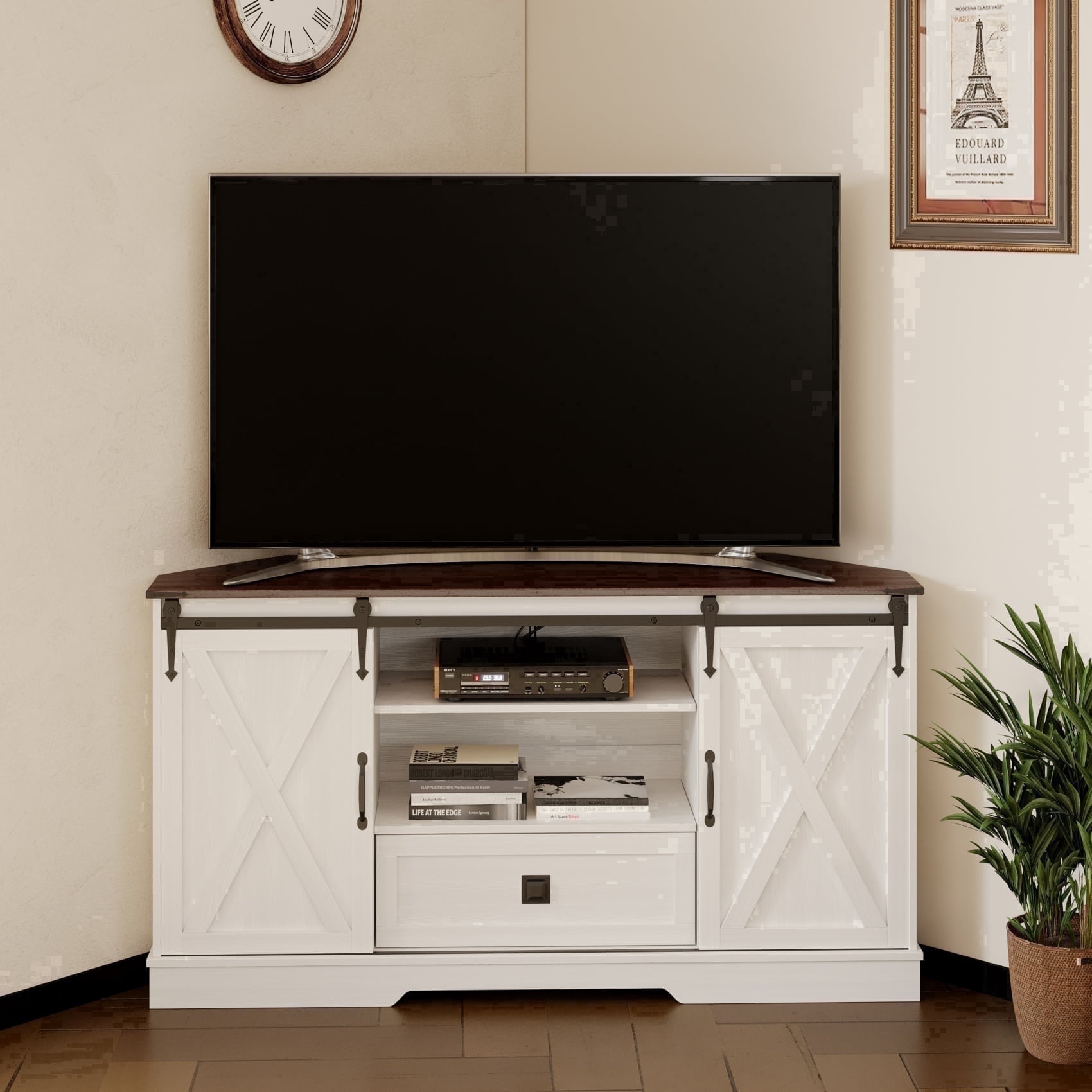 Melidee Corner TV Stand for 65 Inch TV, Sliding Barn Door Entertainment Center with Storage, 58" W x 15.7" D x 31" H, White