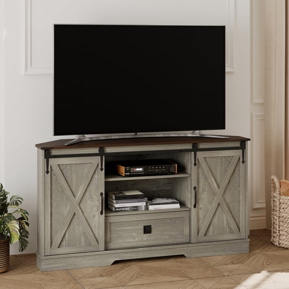 Corner TV Stand for 65 Inch TV - with Sliding Barn Door - Wood Entertainment Center - Media Console Cabinet - 58"x15.7"x31"H, White