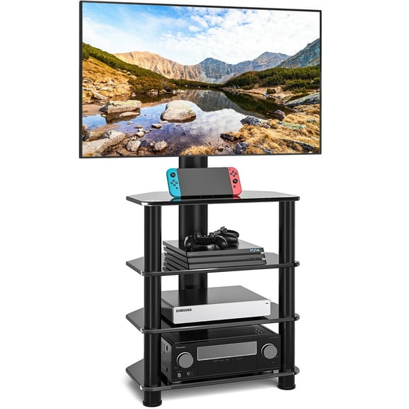 RTVR 4-Tier Corner Flat TV Stand with Swivel Mount for TVs up to 70", Black Glass Cabinet