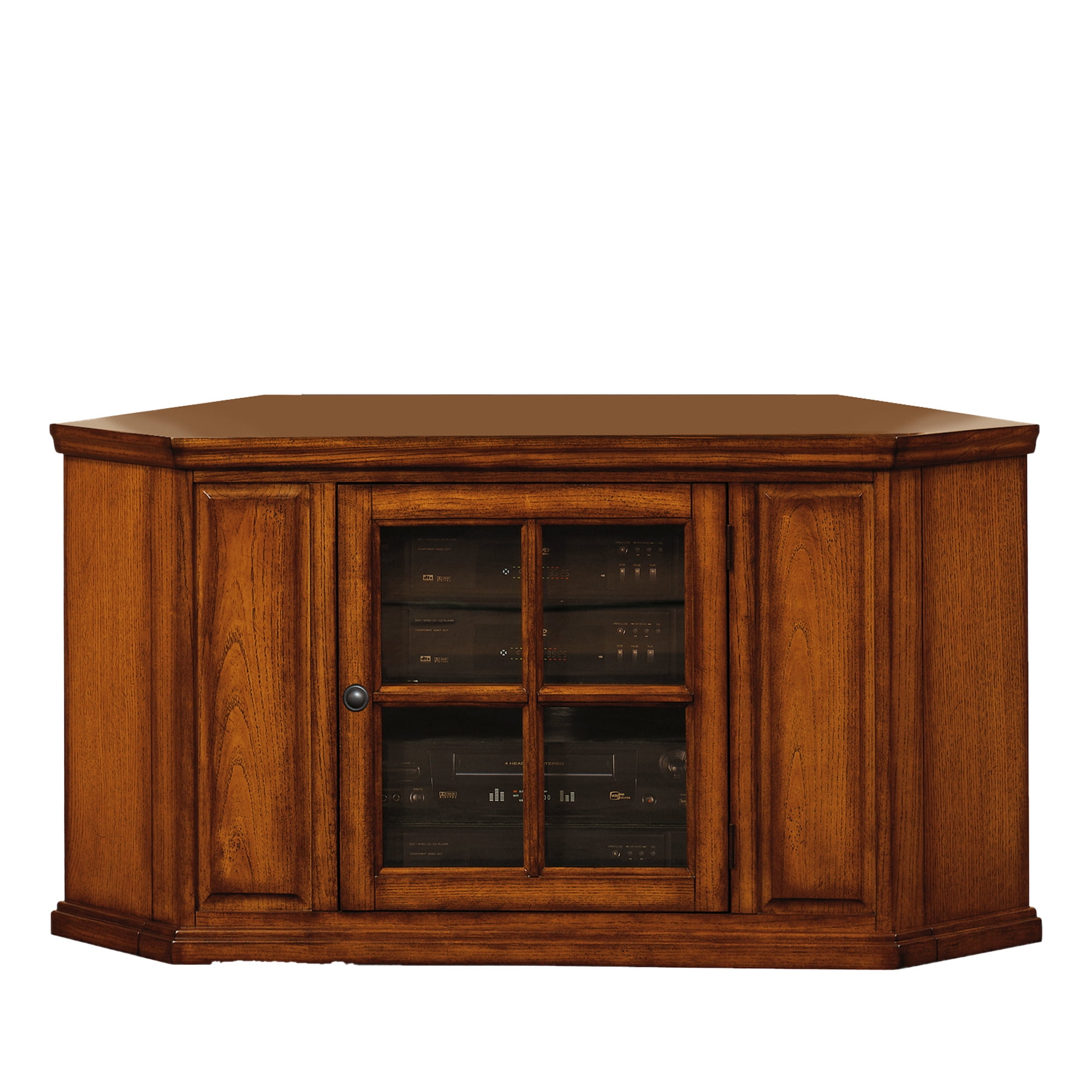 Burnished Oak 47-Inch Corner TV Stand with Glass Cabinet