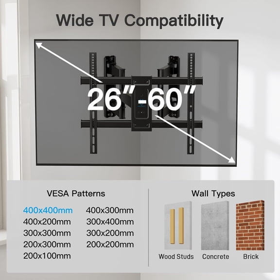 Corner TV Wall Mount Bracket for 26-60 inch LED LCD Flat Curved Screen TVs to 99 lbs, Full Motion Corner TV Mount with Dual Articulating Arms, Swivel, Tilt, Extension, VESA 400x400mm