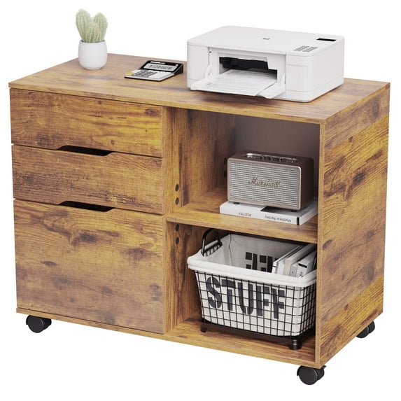 Corner Table Cabinet with 3 Drawers Stand Wood Organizer with Wheels Adjustable Shelf for Storage Display Cabinet Furniture,Rust