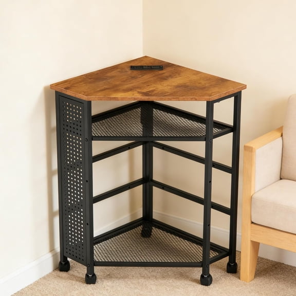 Corner Table with Charging Station, 3-Tier Corner Shelf Stand with Metal DIY Panel, Rolling Storage Table on Detachable Wheels for Kitchen, Living Room, Small Space, Rustic Brown