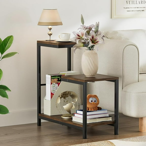 Corner Table G-Shaped End Table Small Side Table for Living Room, Bedside Table with Storage Shelf, Corner Tables for Small Spaces, Balcony, Couch, Bedroom, Rustic Brown