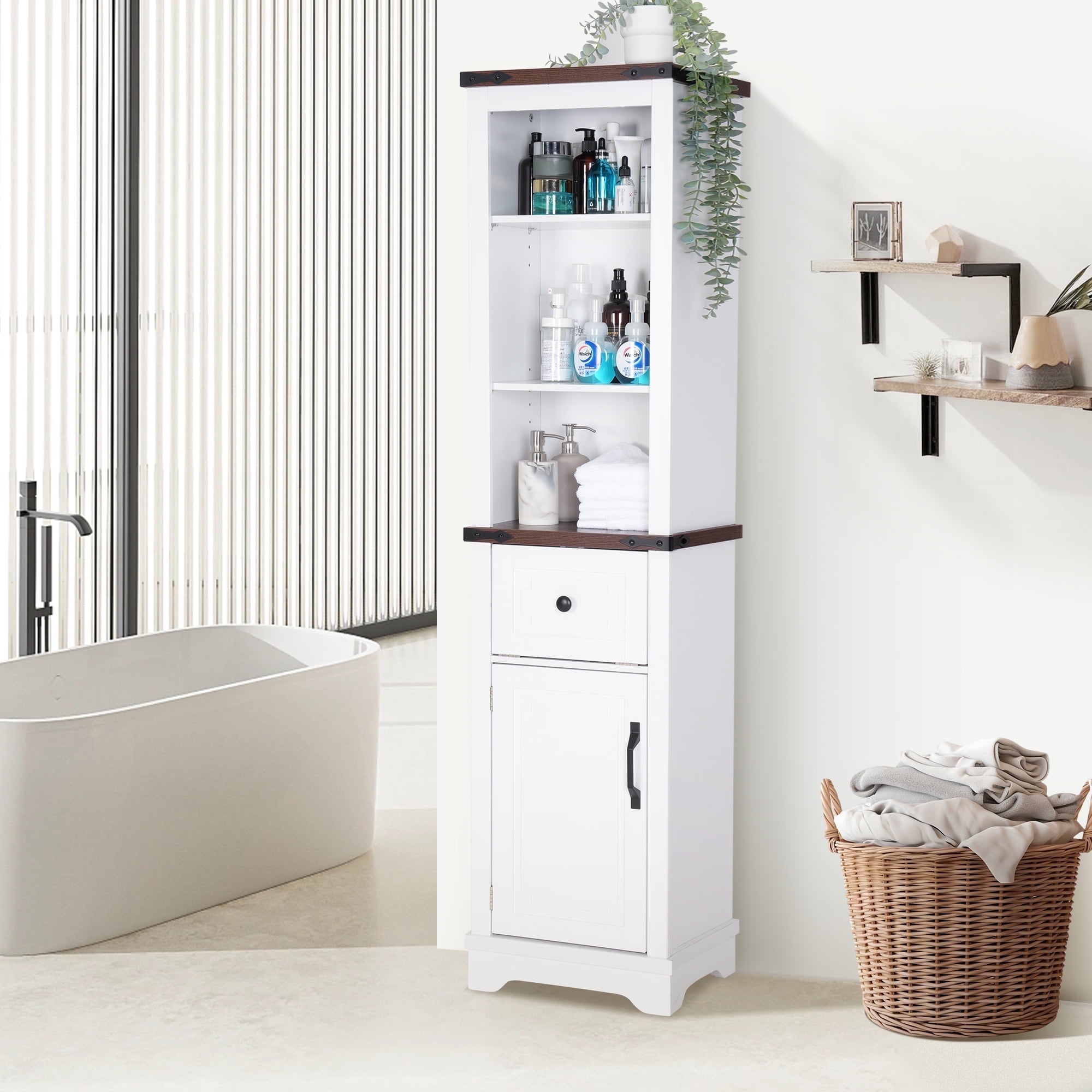 63"H Bathroom Storage Cabinet 6-Tier, Linen Cabinet with Door & Adjustable Shelves & Drawers, Narrow Tall Corner Cabinet (White)