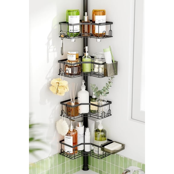 Corner Tension Pole Shower Caddy, 4 Tier Rustproof Rod Organizer with Soap Holder & Hooks, Adjustable 34-125 Inch Bathroom Shelf for Renters - Family Stand Storage Rack, Black