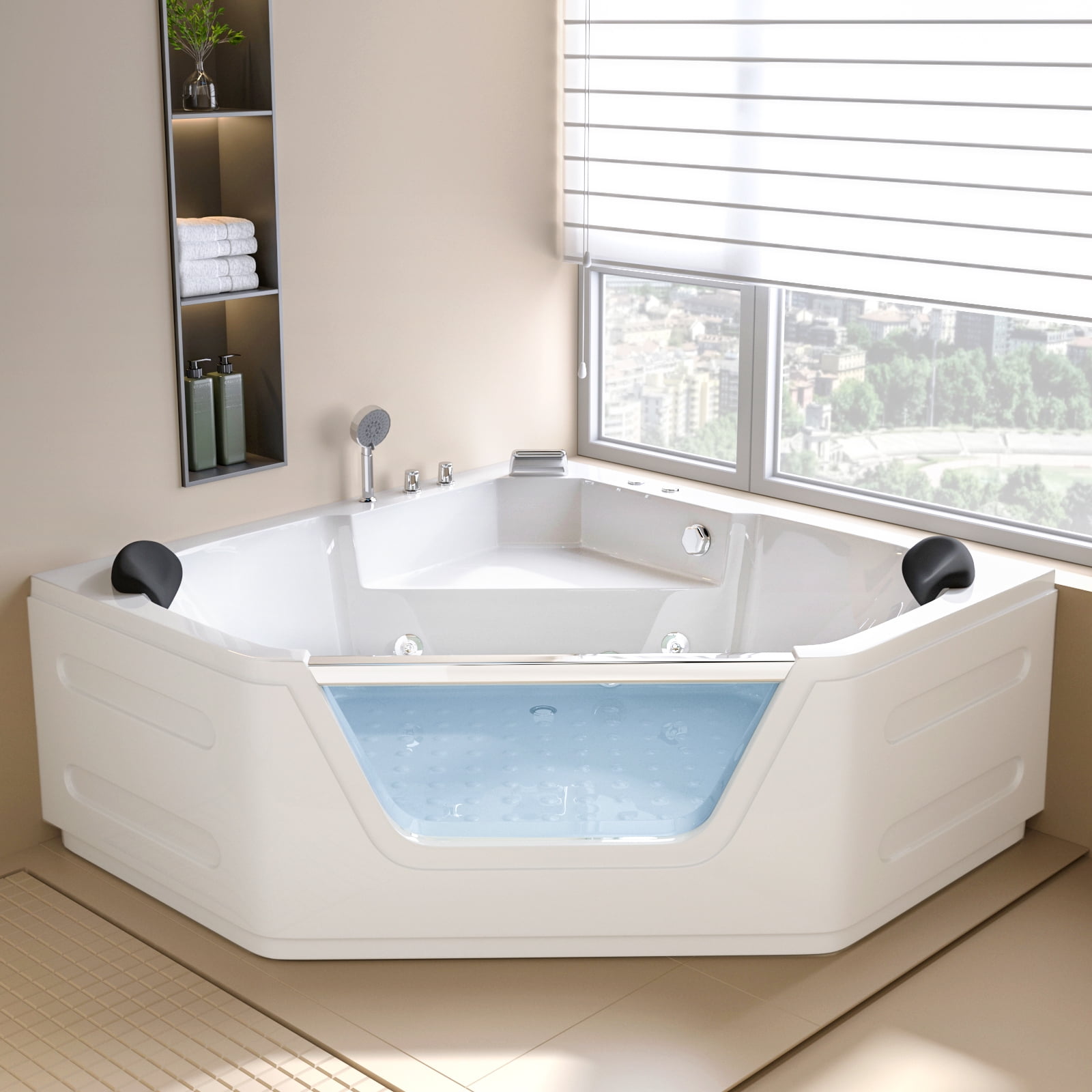 Ibiza with heater 59.05 in. Acrylic Center Drain Corner Alcove Whirlpool Bathtub in White Ibiza with heater 59.05 in. Acrylic Center Drain Corner Alcove Whirlpool Bathtub in White