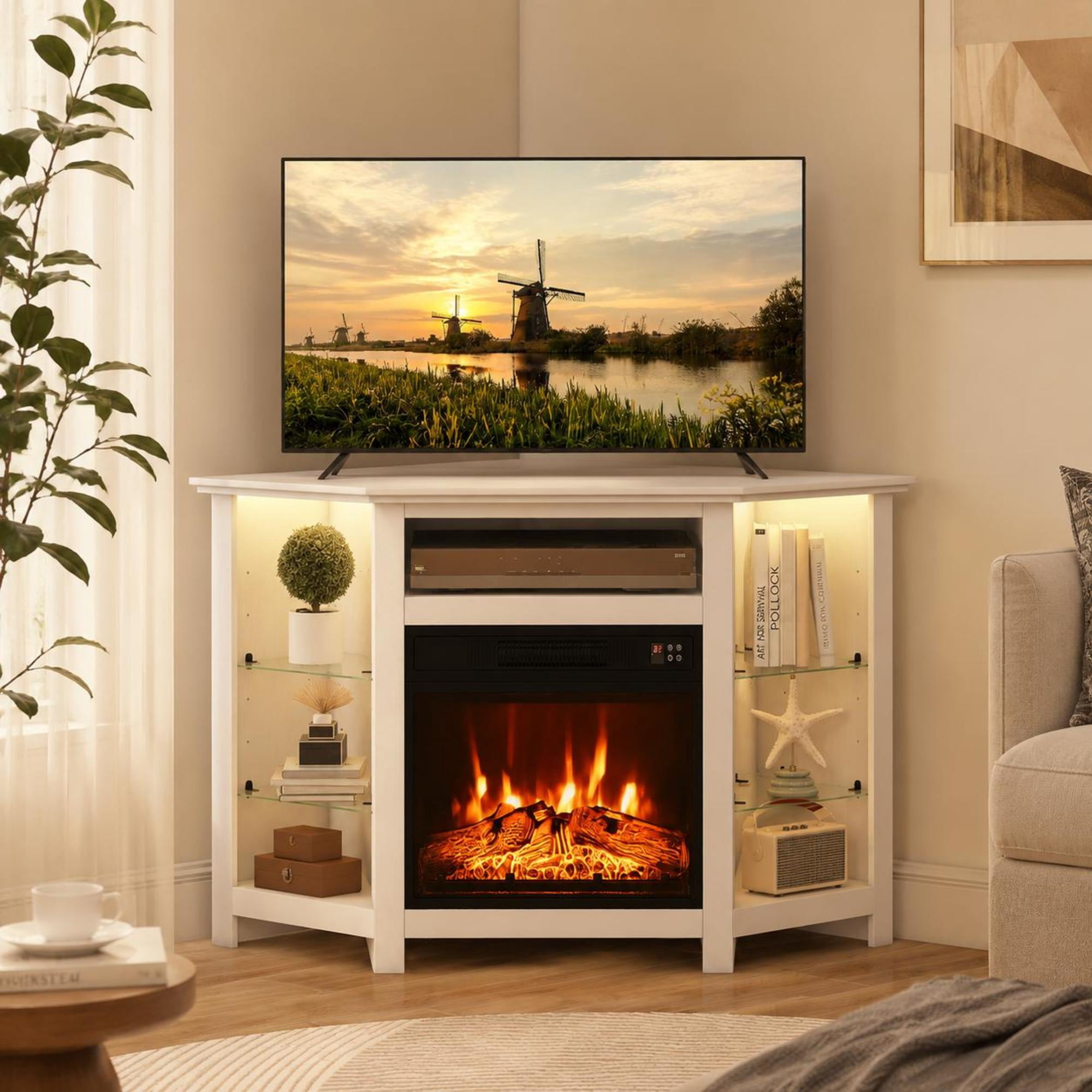 Corner Tv Stand with Electric Fireplace, Led Lights, and Smart App