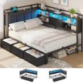 thumbnail image 1 of Corner Twin Bed Frame with Charging Station, Led Lights and 3 Drawers, Twin Size Platform Bed Frames with Upholstered Hidden Storage Headboard, Corner Daybeds for Teens, Black, 1 of 7