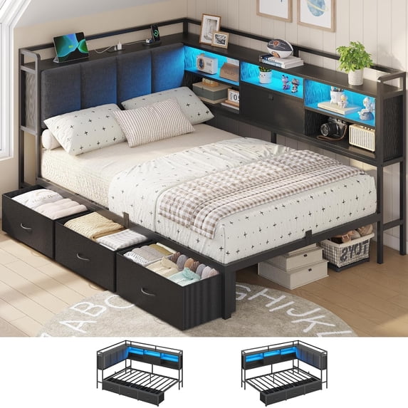 Corner Twin Bed Frame with Charging Station, Led Lights and 3 Drawers, Twin Size Platform Bed Frames with Upholstered Hidden Storage Headboard, Corner Daybeds for Teens, Black