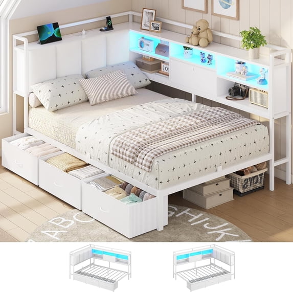 Corner Twin Bed Frame with Charging Station, Led Lights and 3 Drawers, Twin Size Platform Bed Frames with Upholstered Hidden Storage Headboard, Corner Daybeds for Teens, White
