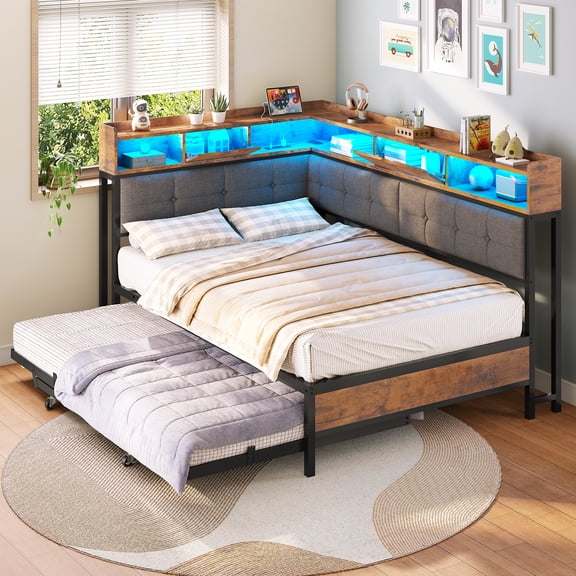 Corner Twin Bed Frame with Trundle, LED Storage Headboard, Black