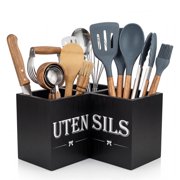 Corner Utensil Holder Space Saving 90 Degree 3 Compartment Matte Black Paulownia Wood Flatware Caddy Kitchen Countertop Organizer for Spoons Spatulas Knives