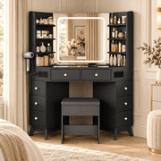 Corner Vanity Desk with Bluetooth Speaker, Modern Makeup Vanity with Mirror and Lights, 3 Color Lighting Modes, 8 Drawers and 6 Shelves Vanity set, Glass Top Dressing Table with Chair for Bedroom
