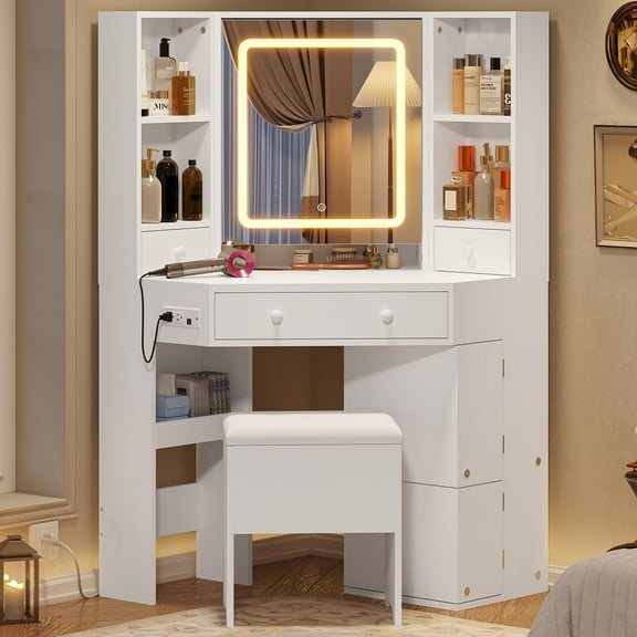 Corner Vanity Desk with LED Lighted Mirror & Charging Station,Vanity Set with Mirror and Storage Stool,Makeup Table with 4 Drawers and Rotating Shelves,White