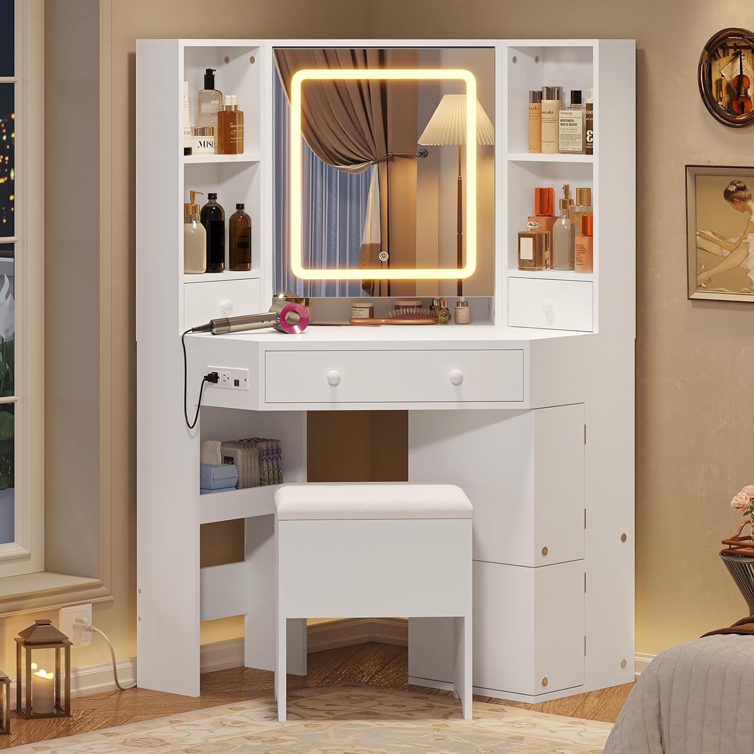Corner Vanity Desk with LED Light Charging Station Storage Stool 4 Drawers Rotating Shelves White Walmart