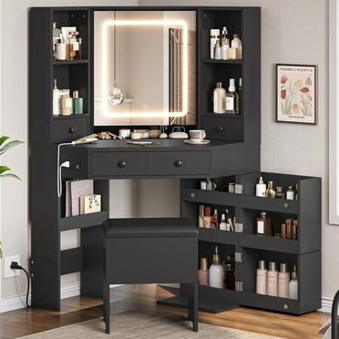 Corner Vanity Desk with LED Lighted Mirror & Rotating Shelves & Charging Station,Makeup Vanity Set with Mirror and Storage Stool,  Black Makeup Table with Drawers, Rotating Shelves