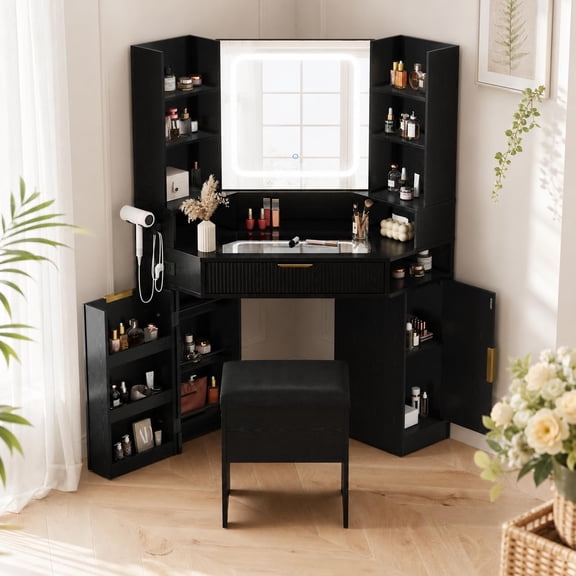 Corner Vanity Desk with LED Mirror and Lights, Multiple Storage Drawers and Open Shelf, Space-Saving L-Shaped Design, Sturdy MDF Construction, Easy Assembly,Black