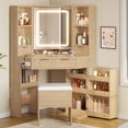 thumbnail image 1 of Corner Vanity Desk With Led Lighted Mirror & Rotating Shelves & Charging Station,Makeup Vanity Set With Mirror And Storage Stool, Makeup Table With Drawers, Rotating Shelves,Fluted OakColor, 1 of 11