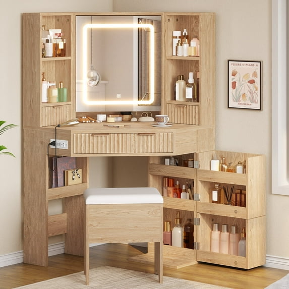Corner Vanity Desk With Led Lighted Mirror & Rotating Shelves & Charging Station,Makeup Vanity Set With Mirror And Storage Stool, Makeup Table With Drawers, Rotating Shelves,Fluted OakColor