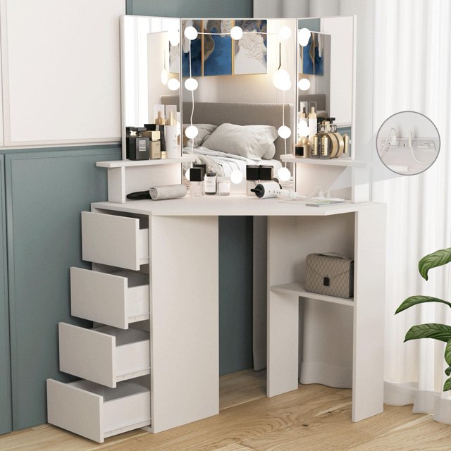 Corner Vanity Desk with Lighted Mirror & Charging Station,Black Makeup