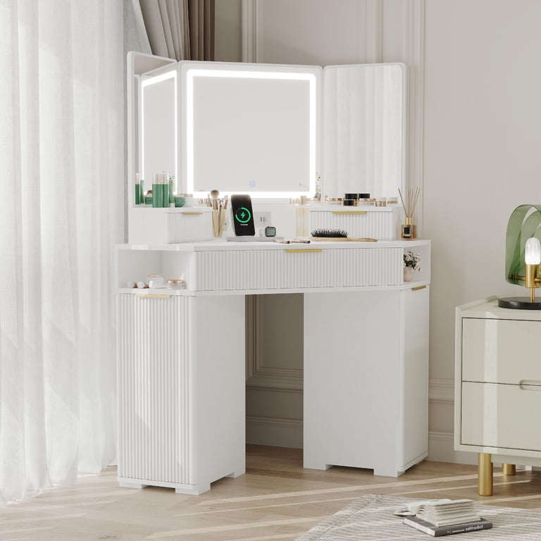 Corner Vanity Desk with Lighted Mirror, Fluted Makeup Table with Drawers, Charging Station and Cabinets for Bedroom, Corner Dressing Table with Triple Mirrors, 3 Color Modes, White