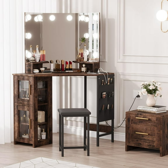 Corner Vanity Desk Mirror - 3-Fold Mirror with 3 Lighting Modes, Built-in Power Station with Outlets and USB Ports, for Bedroom, Makeup Studio,Brown