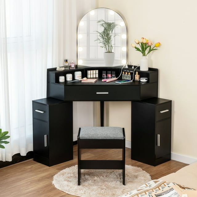 Corner Vanity Desk with Mirror and Lights, Makeup Vanity Table with