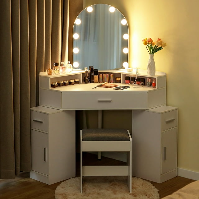 Corner Vanity Desk with Mirror and Lights, Makeup Vanity Table with
