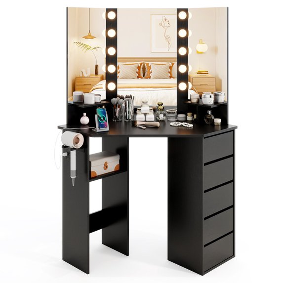 Corner Vanity Desk with Mirror and Lights, Makeup Vanity Table with 5 Drawers, Storage Shelves, Charging Station, Compact Vanity Dressing Table for Small Space,Black