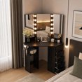 thumbnail image 1 of Corner Vanity Desk with Mirror and Lights, Makeup Vanity Table with 5 Drawers, Storage Shelves, Charging Station, Compact Vanity Dressing Table for Small Space，Black, 1 of 8