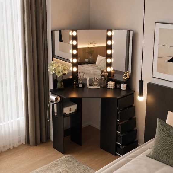 Corner Vanity Desk with Mirror and Lights, Makeup Vanity Table with 5 Drawers, Storage Shelves, Charging Station, Compact Vanity Dressing Table for Small Space,Black