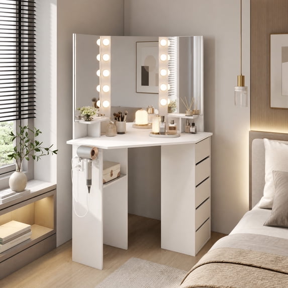Corner Vanity Desk with Mirror and Lights, Makeup Vanity Table with 5 Drawers, Storage Shelves, Charging Station, Compact Vanity Dressing Table for Small Space,White