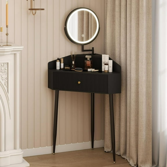 Corner Vanity Desk with Retractable and Rotating Mirror and Lights Small Modern Black Makeup Vanity Set with Glass Top for Women Compact Girls Dressing Table with Storage for Small Space