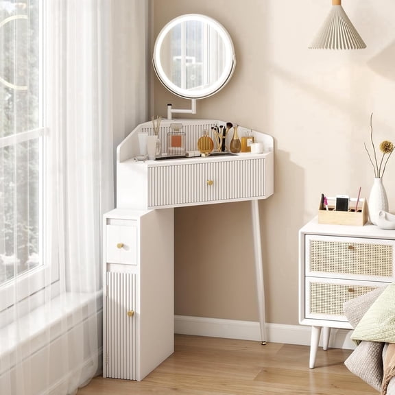Corner Vanity Desk with Retractable and Rotating Mirror and Lights Small Modern White Makeup Vanity Set with Glass Top for Women Compact Girls Dressing Table with Drawer for Small Space