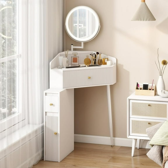 Corner Vanity Desk with Retractable and Rotating Mirror and Lights Small Modern White Makeup Vanity Set with Glass Top for Women Compact Girls Dressing Table with Drawer for Small Space